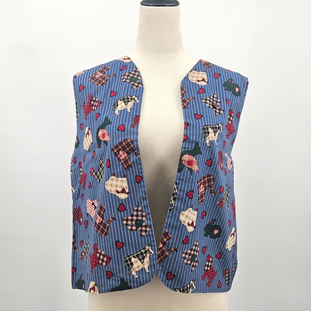 Vintage 90s Farm Animal Print Vest | Country‎ Cottagecore Quilted Waistcoat - Picture 4 of 11